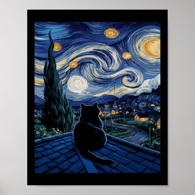 Poster Cat Starry Night Van Gogh Cat Art Lover Engraçado  (Frente)
