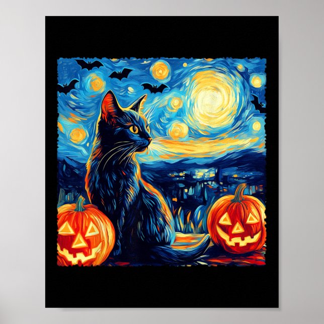 Poster Cat Starry Night Van Gogh Cat Bats Pumpkins (Frente)