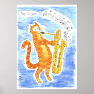 Poster Cat toca Baritone Saxofone "Passos Gigantes"