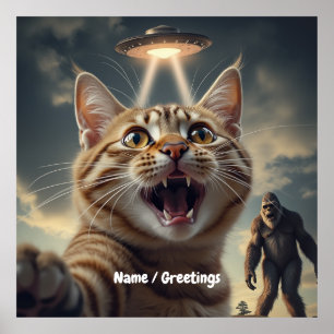 Poster Cat Tomando Selfie com OVNI e Presente Engraçado d