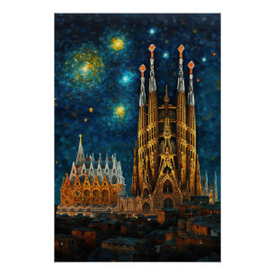 Póster Catalan Starry Night   Gaudí encontra Van Gogh