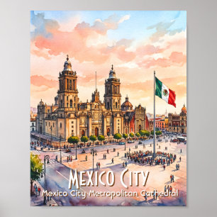 Poster Catedral Católica da Cidade do México Aquarela Via