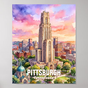 Poster Catedral de Aprendizado de Pittsburgh em Aquarela 