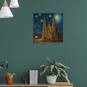 Poster Catedral de Barcelona no Estilo Night van Gogh