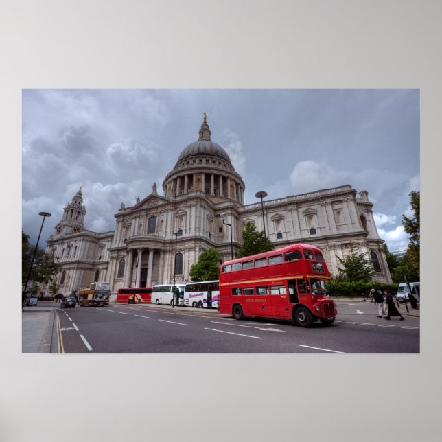 Póster Catedral de Paul, rua, Londres, Inglaterra e ônibu (Frente)