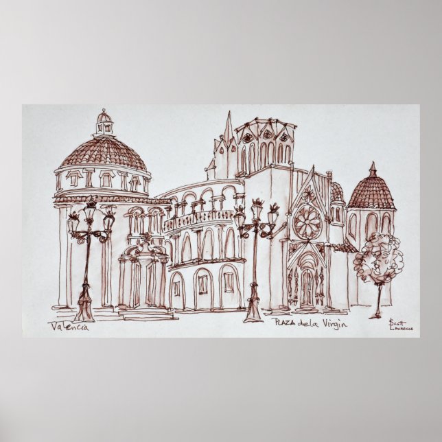 Póster Catedral de Valência na Plaza de la Virgin (Frente)