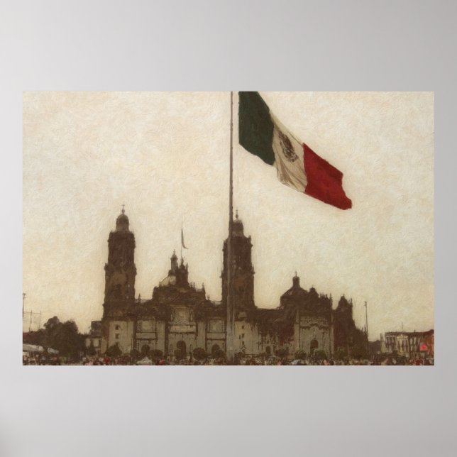 Póster Catedral en el Zocalo del DF con la Bandera 12 (Frente)