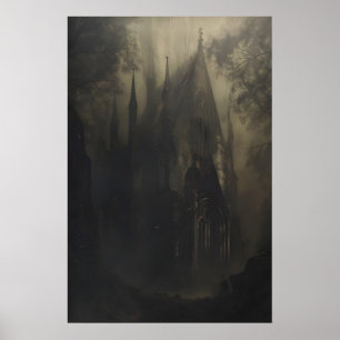 Poster Catedral Gótica Assombrada na Floresta Escura Escu