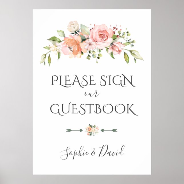 Poster Cativante Sinal de Livro de Visitas Floral Creme B (Frente)