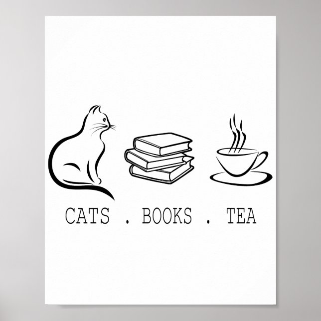 Poster Cats Books Tea para Leitores que Adoram Chá e Gato (Frente)