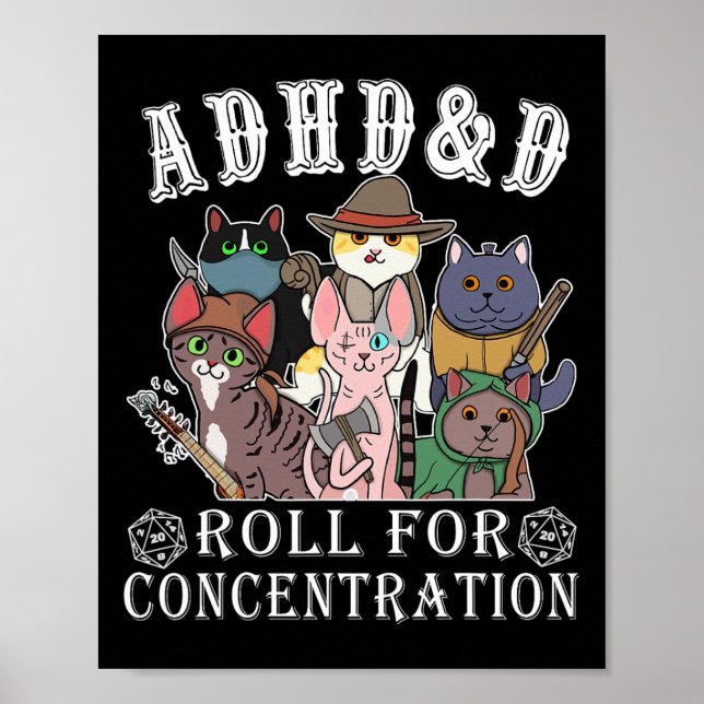 Poster Cats Rpg Gamer Roll For Concentration D20 Dice Ner (Frente)