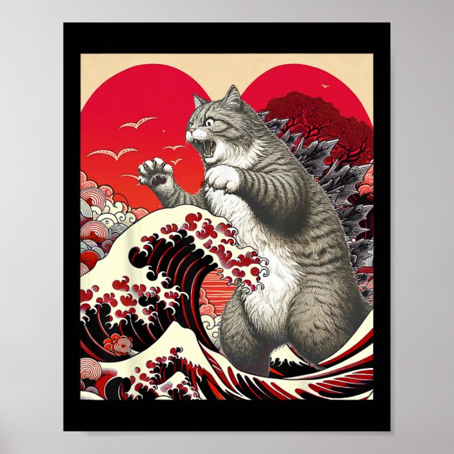 Poster Catzilla Cat Namorados Arte Japonesa Engraçado Pre (Frente)