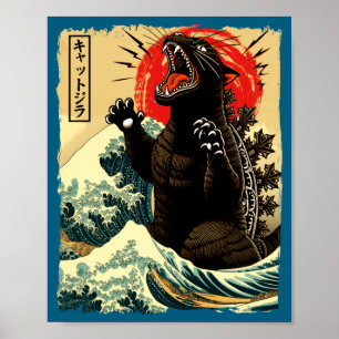 Poster Catzilla Divertido Estilo Japonês