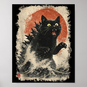 Poster Catzilla Gato Arte Japonês Engraçado para Homens M