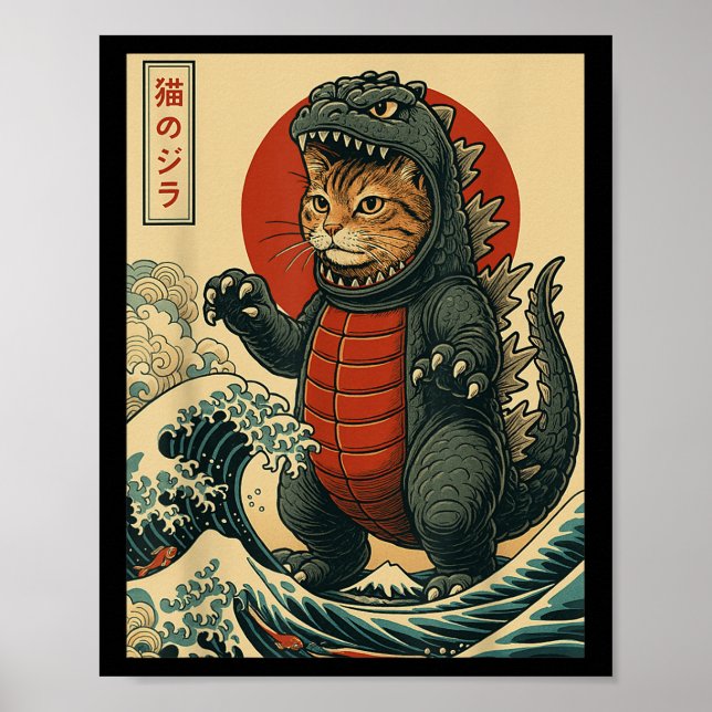 Poster Catzilla Shirt Japonês Art Cat Graphic Men Women (Frente)
