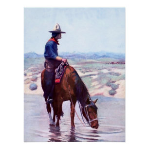 Póster Caubói Regando Cavalo por W Herbert Dunton