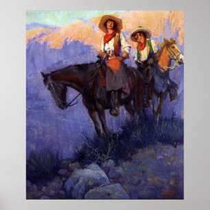 Póster Caubóis Vintage, Homem e Mulher em Cavalos, Anders