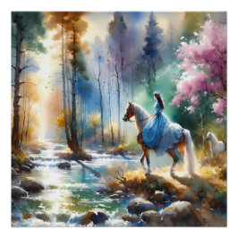Póster Cavaleira do Rio em Aquarela Floresta Luz