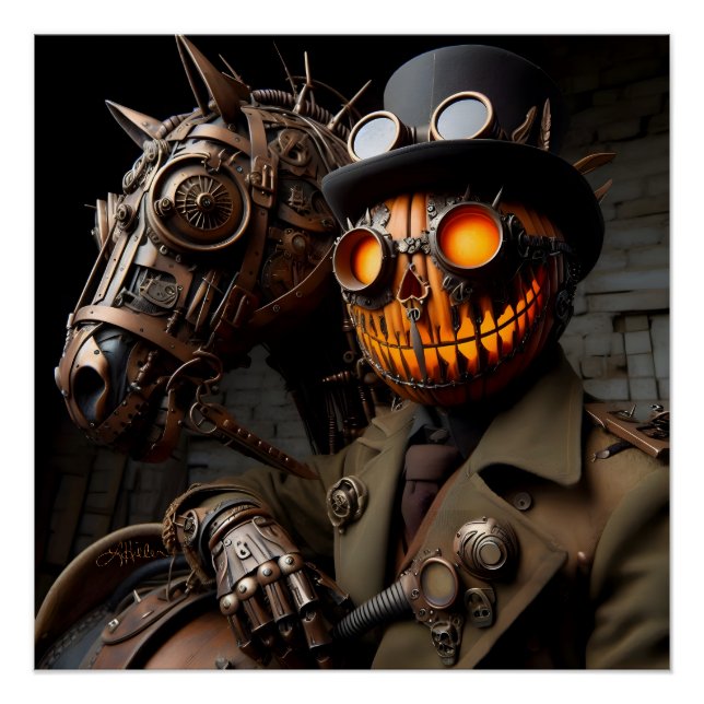 Póster Cavaleiro Abóbora de Halloween Steampunk (Frente)