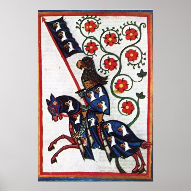 Póster CAVALEIRO AZUL A CAVALO Miniatura Medieval (Frente)