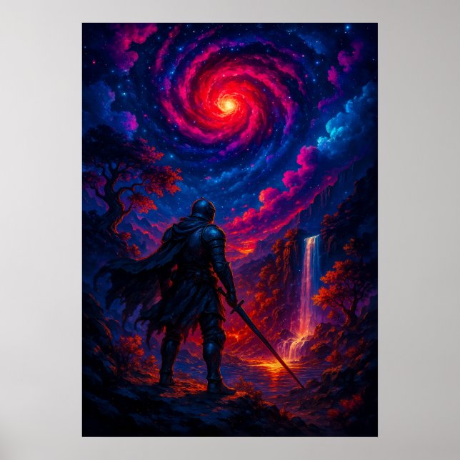 Poster Cavaleiro Cósmico com Espada em Galáxia Sky Fantas (Frente)