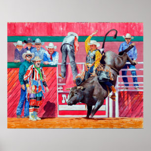 Póster Cavaleiro do palhaço e da Bull do rodeio