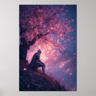 Poster Cavaleiro Sonhador Sob Cerejeiras em Flor