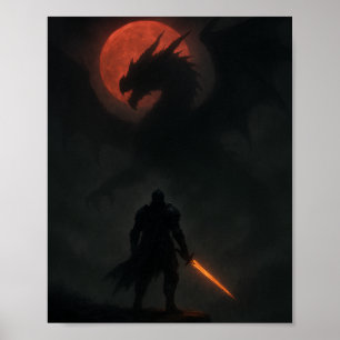 Poster Cavaleiro vs Dragão Sob a Lua de Sangue Fantasia P
