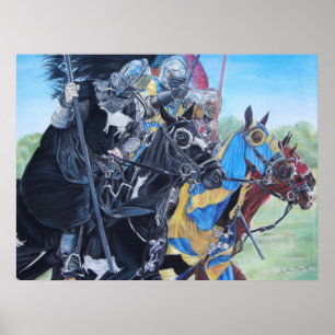Póster cavaleiros medievais jorrando em cavalos arte hist