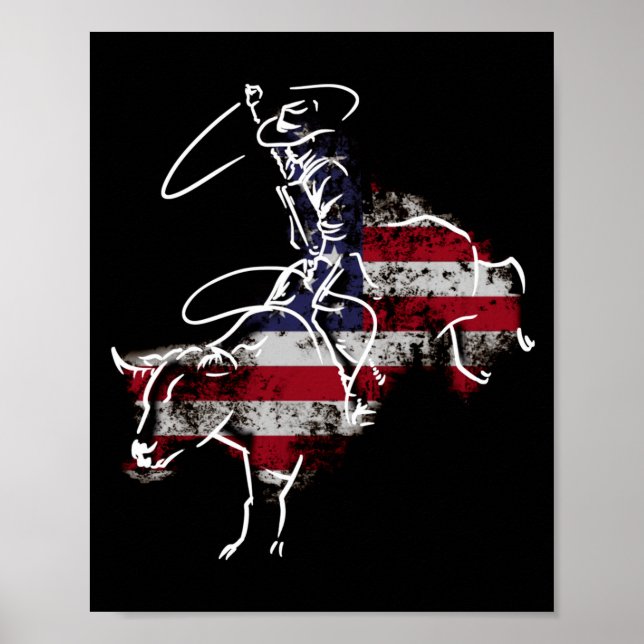 Poster Cavalgada de touro de rodeio americano retrô grung (Frente)