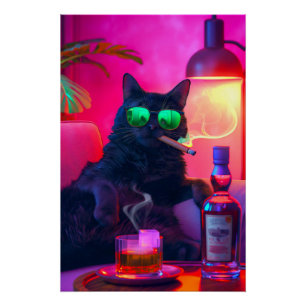 Póster Cavalheiro Bebendo Gato Whiskey   Bar engraçado