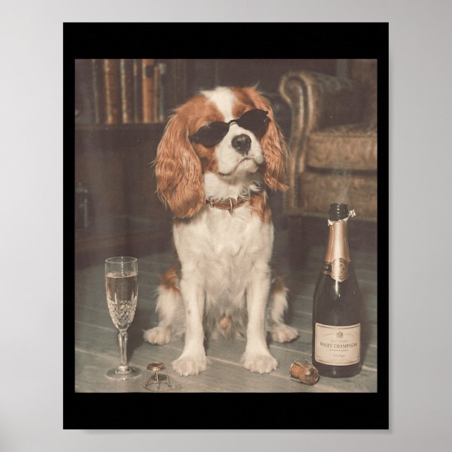 Poster Cavalier King Charles Bebendo Champanhe Engraçado (Frente)