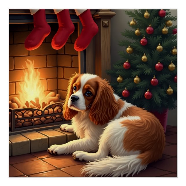 Póster Cavalier King Charles junto à Lareja de Natal (Frente)