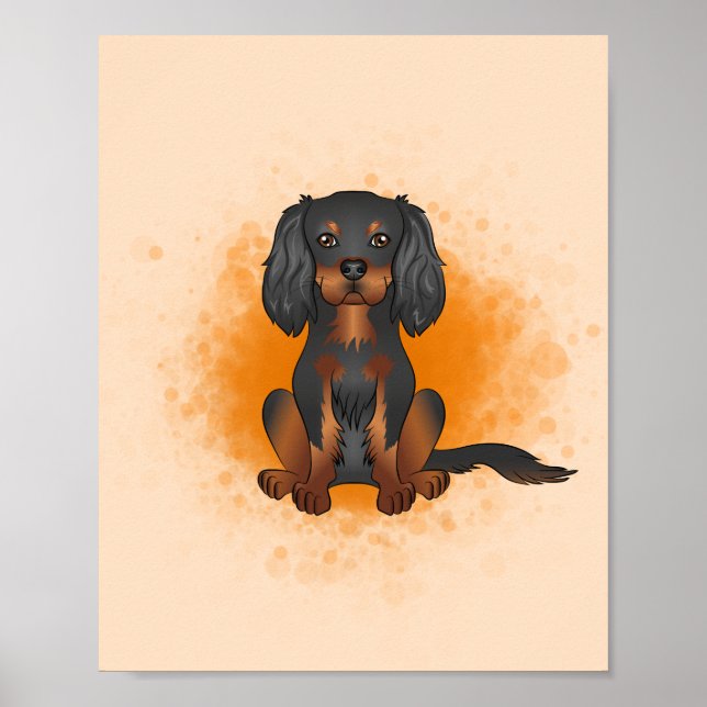 Poster Cavalier King Charles Preto e Castanho sobre Laran (Frente)
