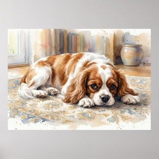 Poster Cavalier King Charles Spaniel Deitado Aquarela