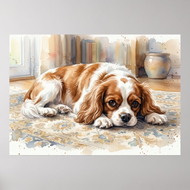 Poster Cavalier King Charles Spaniel Deitado Aquarela (Frente)