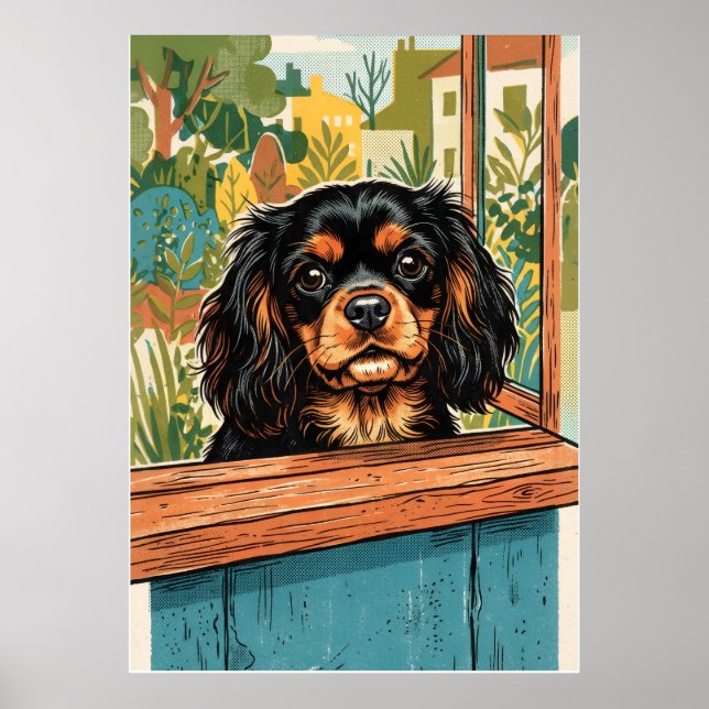 Poster Cavalier King Charles Spaniel Janela Ilustração Vi (Frente)