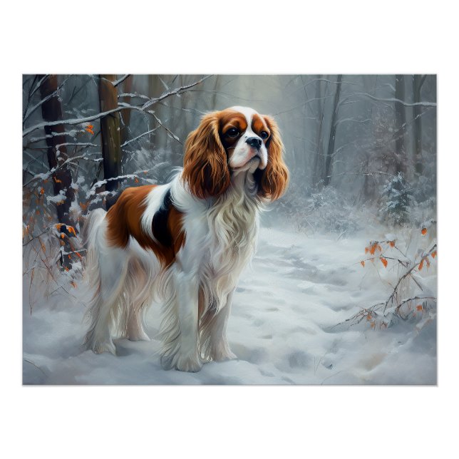 Póster Cavalier King Deixe Cair a Neve Natal Escovado (Frente)