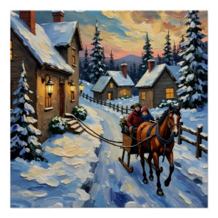 Póster Cavalo Antigo e Trenó na Natal Nevado