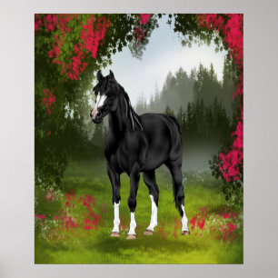 Poster Cavalo Árabe Preto em Prado de Primavera