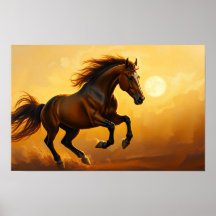 Cavalo Baio Galopa, Céu do Pôr do Sol, Crina Fluin