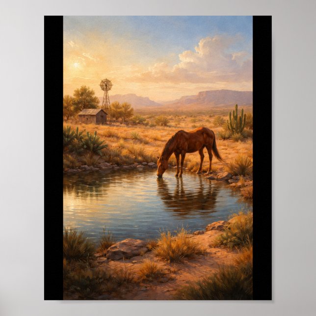 Poster Cavalo bebendo em uma pequena lagoa (Frente)
