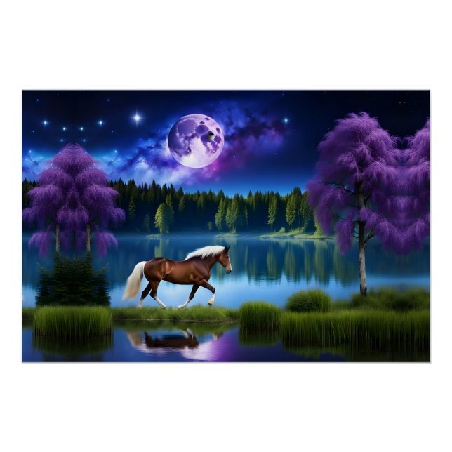 Póster Cavalo belga Palomino sob um céu estrelado roxo (Frente)
