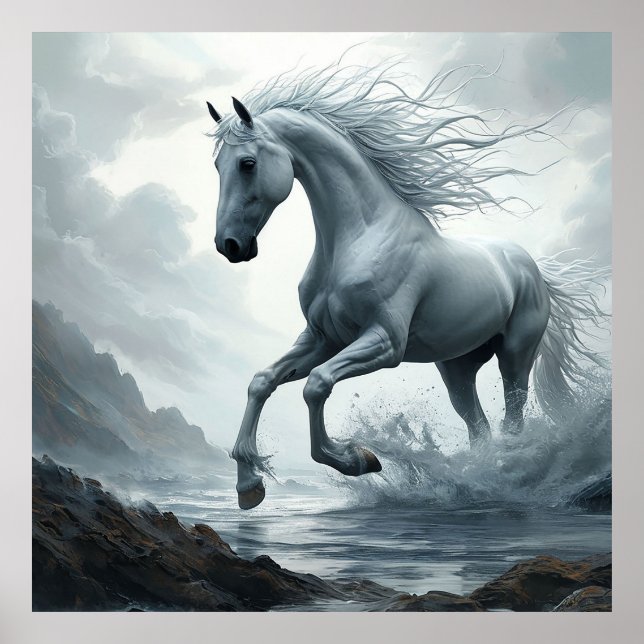 Poster Cavalo Branco Correndo Através da Água (Frente)