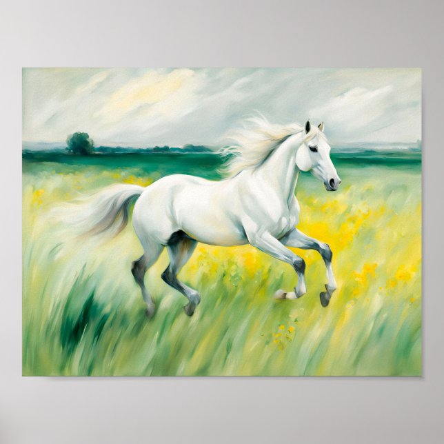 Poster Cavalo Branco Correndo Sobre O Prado (Frente)