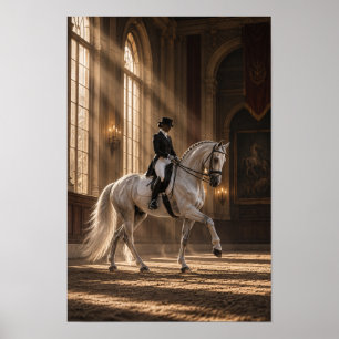 Poster Cavalo Branco de Dressage e Cavaleiro em Grande Ar