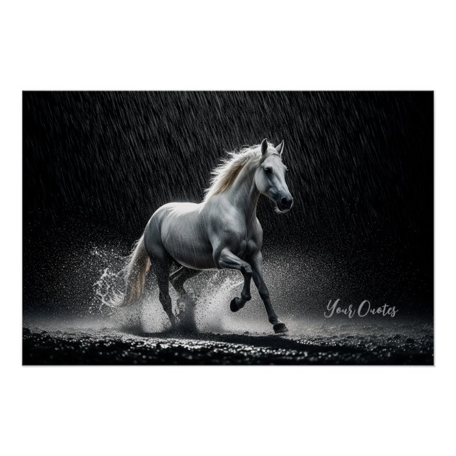 Póster Cavalo Branco Dramático Galopando na Chuva (Frente)
