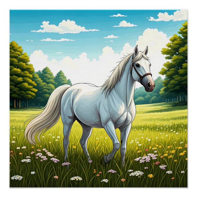Póster Cavalo branco em pé em um campo de grama (Frente)