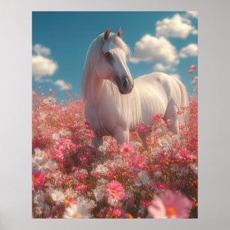 Poster Cavalo Branco em um Campo de Flores
