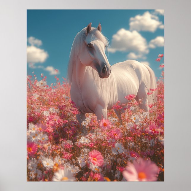 Poster Cavalo Branco em um Campo de Flores (Frente)